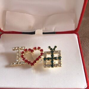 I Love Gifts Holiday rhinestone brooch. New in box.
